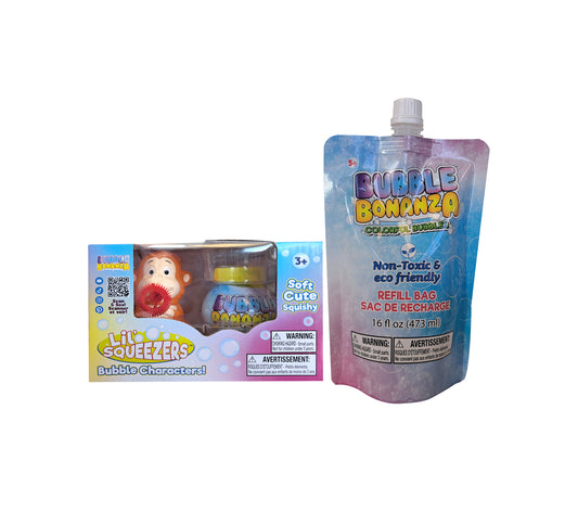 Lil' Squeezers Bubble Blower Monkey avec sac de recharge Bubble Bonanza 16 oz